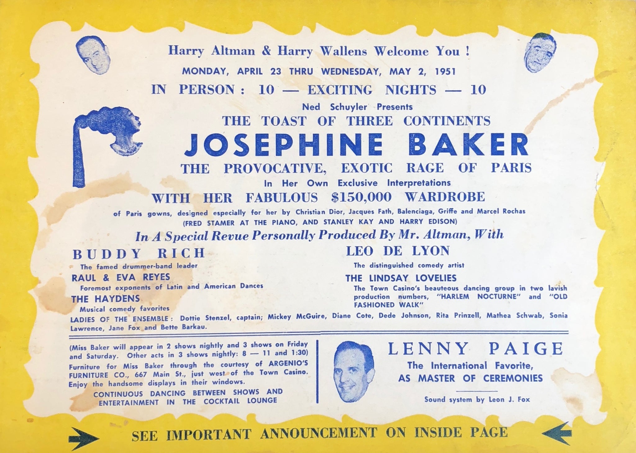 Baker, Josephine. (1906–1975) "Josephine Baker... with her Fabulous $150,000 Wardrobe" - Town Casino(Buffalo, NY)  Show Bill, 1951