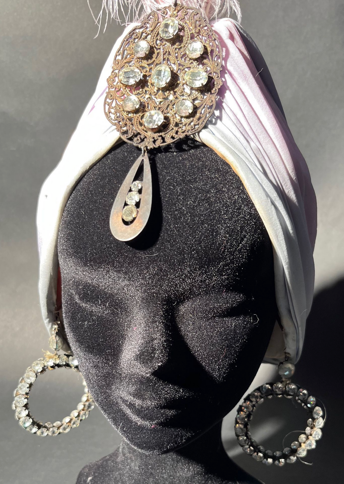 [Baker, Josephine. (1906–1975)] Turban Headdress with Rhinestone Jewels & Rhinestone Earrings, ca. 1973