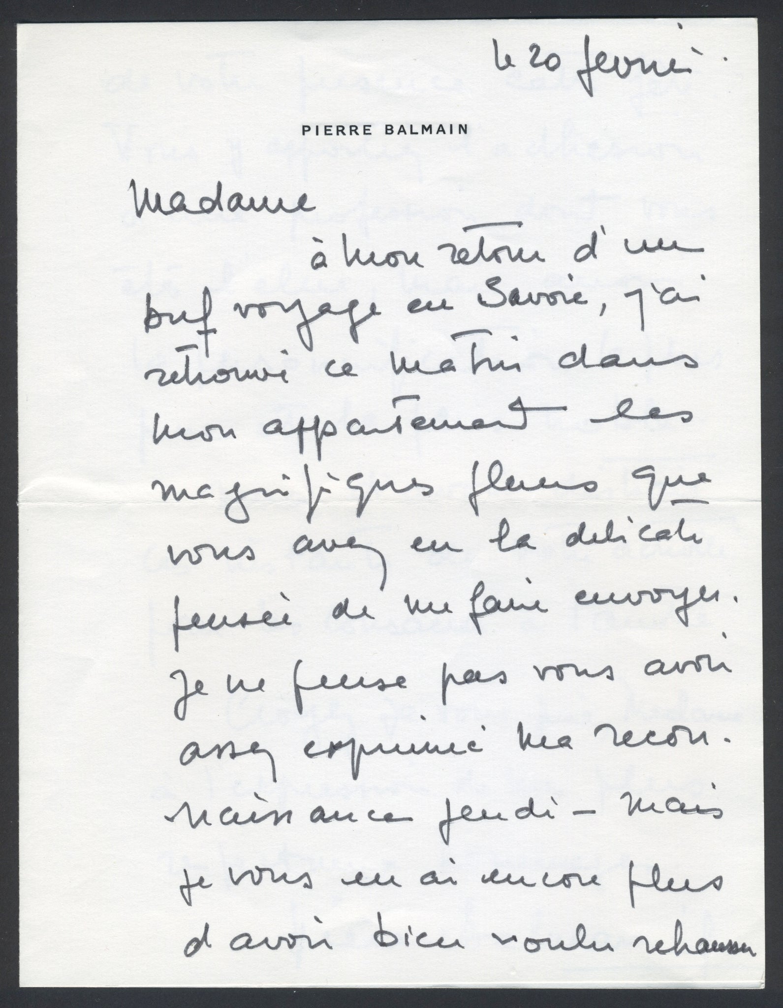 Balmain, Pierre  Autograph Letter to Madame Grè Paris, February 20, [1978]