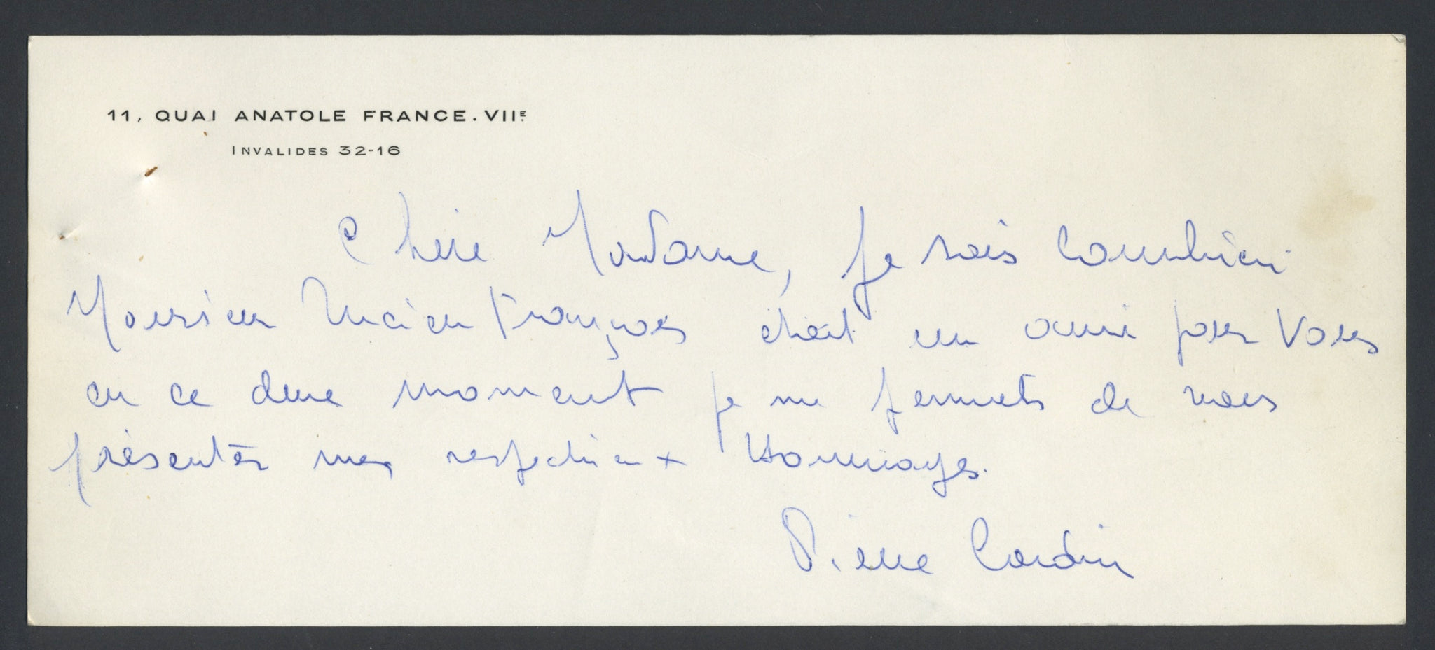 Cardin, Pierre. (b. 1922) Autograph Card to Madame Grès, 1963