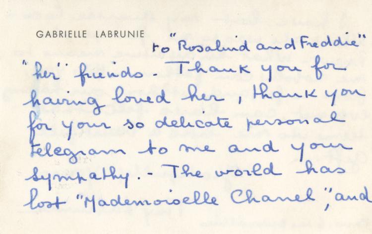 [Chanel, Coco. (1883–1971)] Autograph Postcard to Frederick Brisson and Rosalind Russell about Chanel's Death