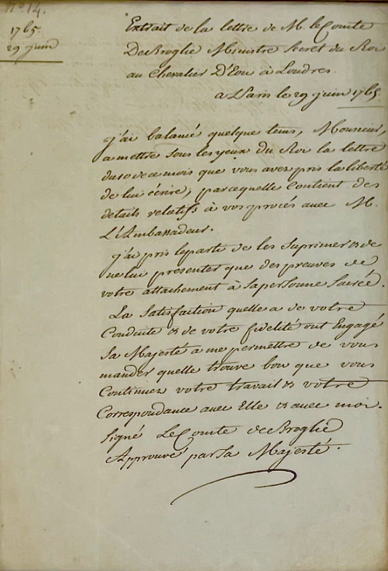 Chevalier d’Eon [Charles-Geneviève de Beaumont] Autograph Letter, 1765