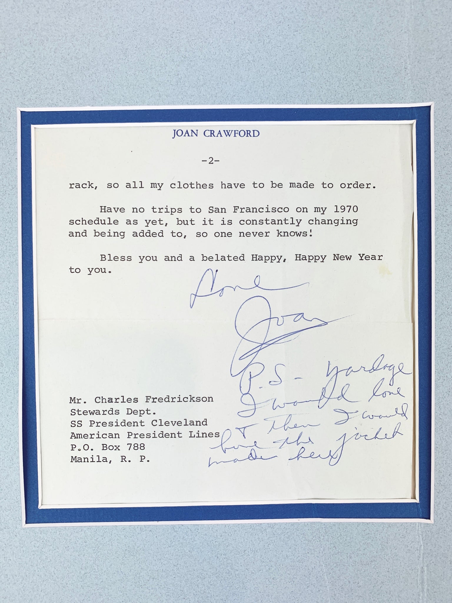 Crawford, Joan. (1905-1977) Typed Letter Signed – "Dear friend, I don't take a regular size in any article of clothing", 1970