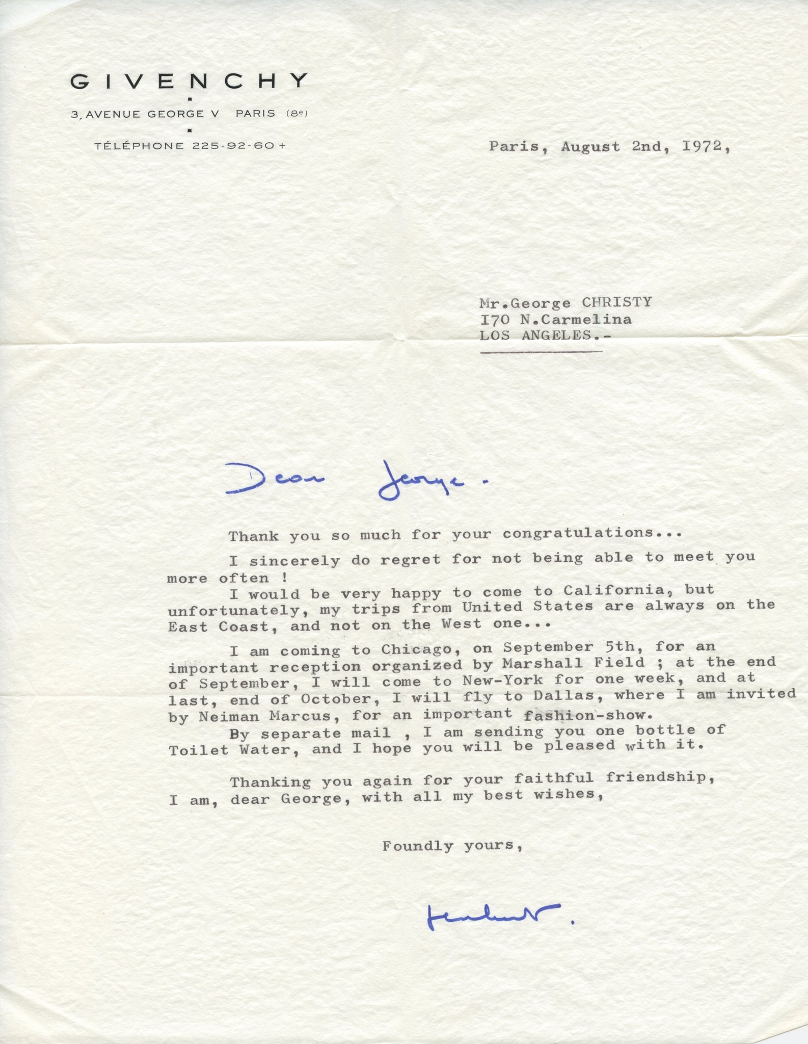 Givenchy, Hubert de. (1927–2018) Signed Letter to journalist George Christy. 1972