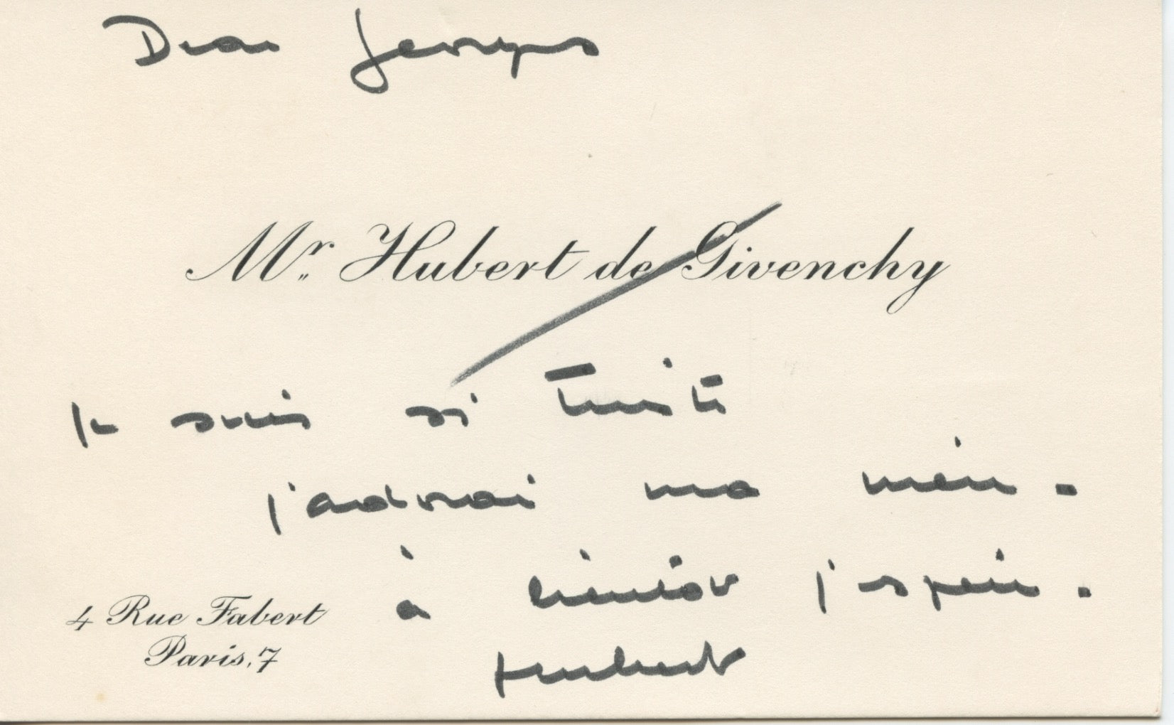 Givenchy, Hubert de. (1927–2018) Signed Visiting Card to journalist George Christy