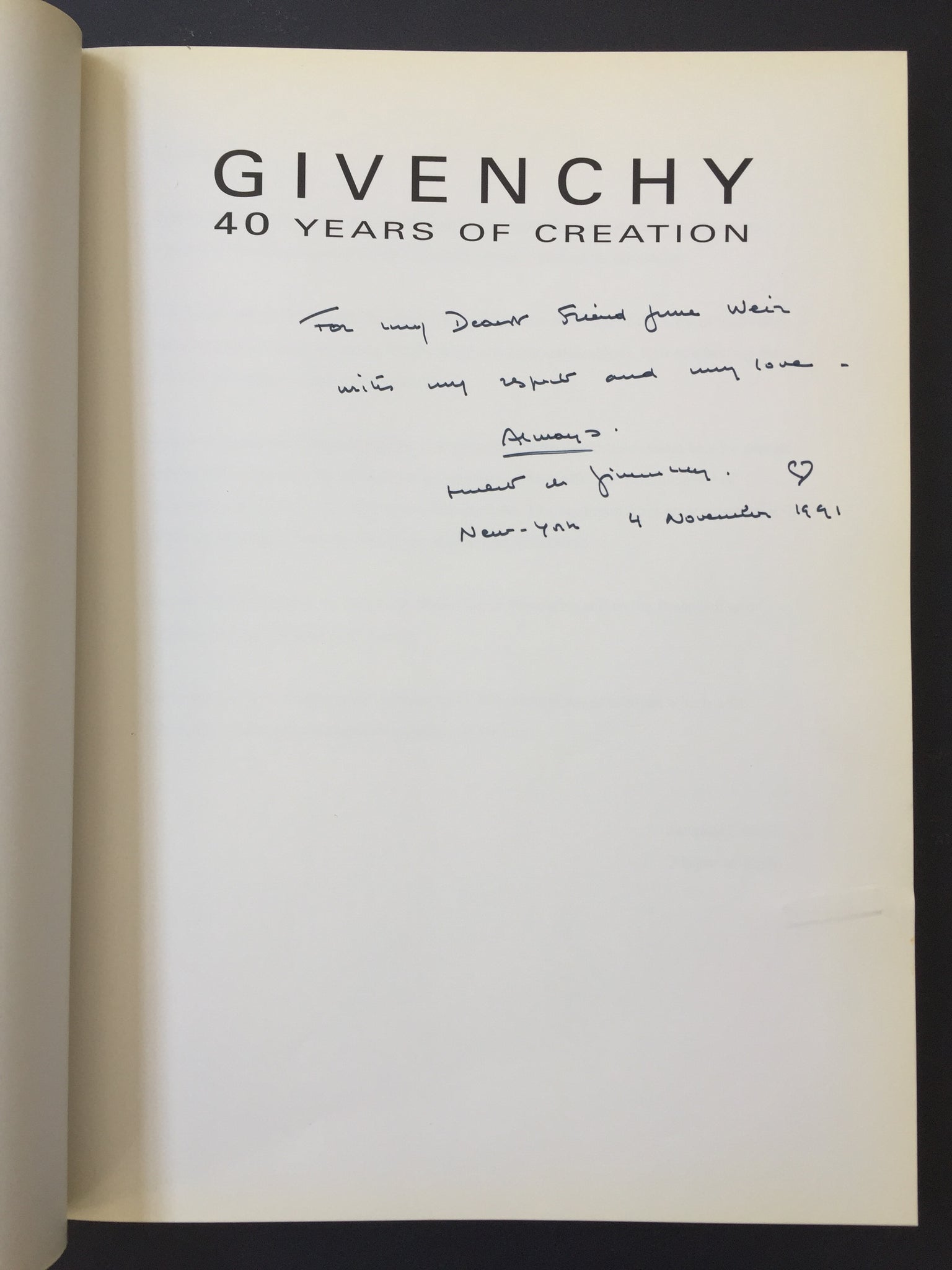 Givenchy, Hubert de. (1927–2018)  Givenchy: 40 Years of Creation – INSCRIBED to June Weir