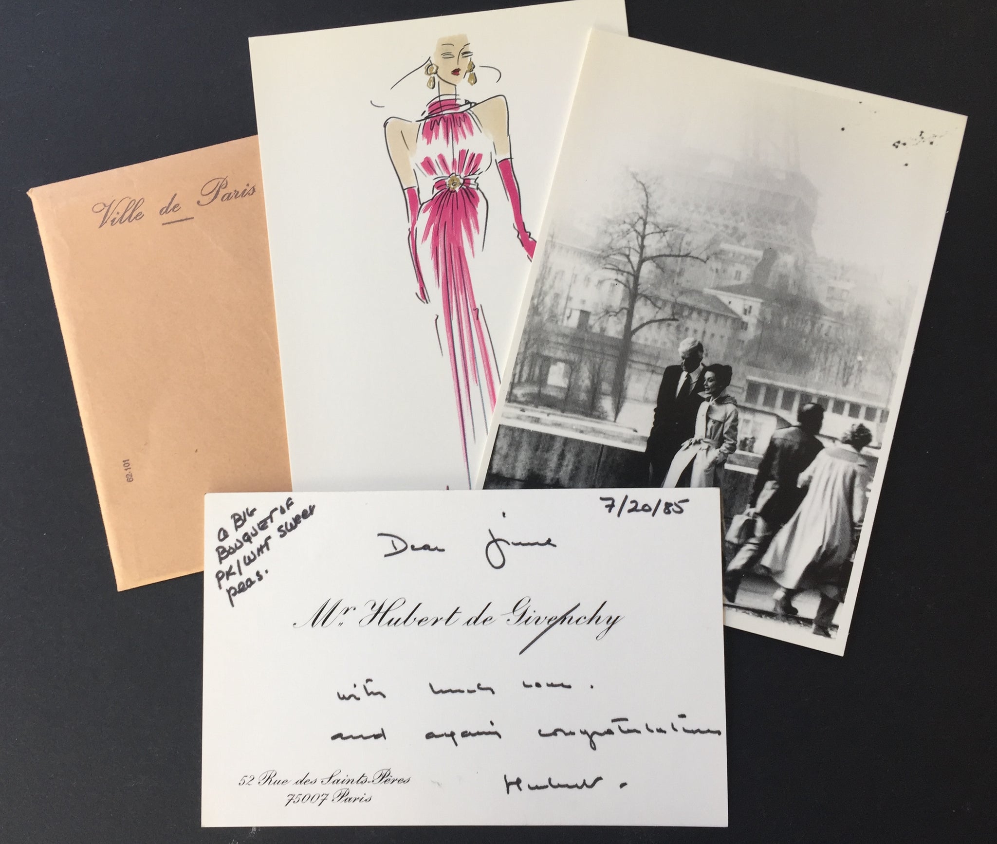 Givenchy, Hubert de. (1927–2018) Autograph Postcard with two Fashion Postcards, to June Weir