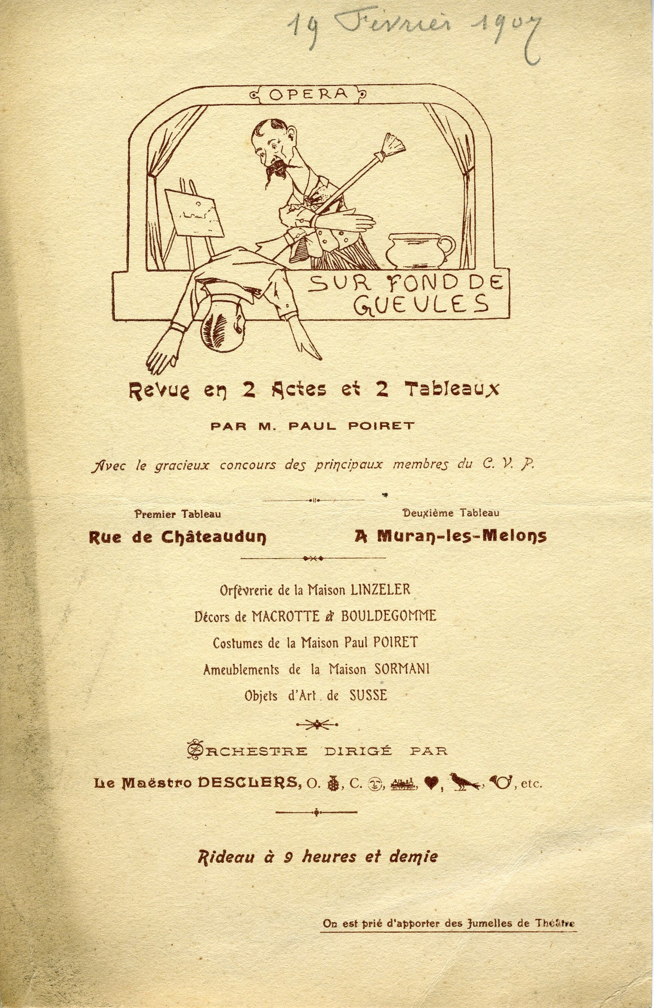Poiret, Paul. (1879 - 1944) Revue "Sur Fond de Gueles" - Invitation to an unrecorded opera revue, 1907.
