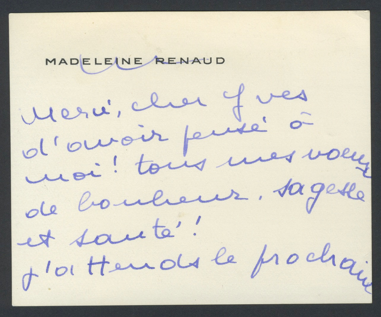 [Saint Laurent, Yves. (1936–2008)] Renaud, Madeleine. (1900–1994) Autograph Card to YSL