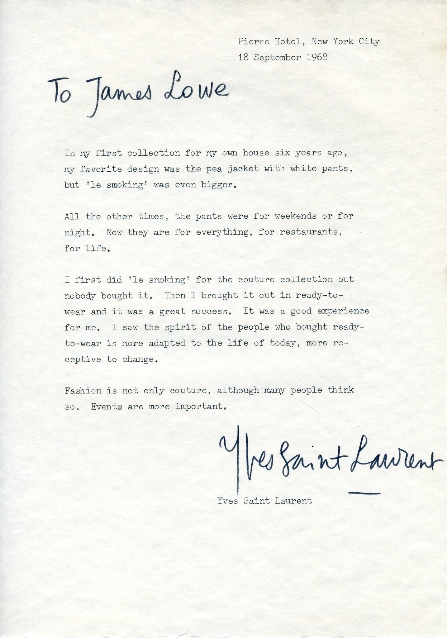 Saint Laurent, Yves. (1936–2008) Important Signed Letter Pierre Hotel, New York City, September 18, 1968