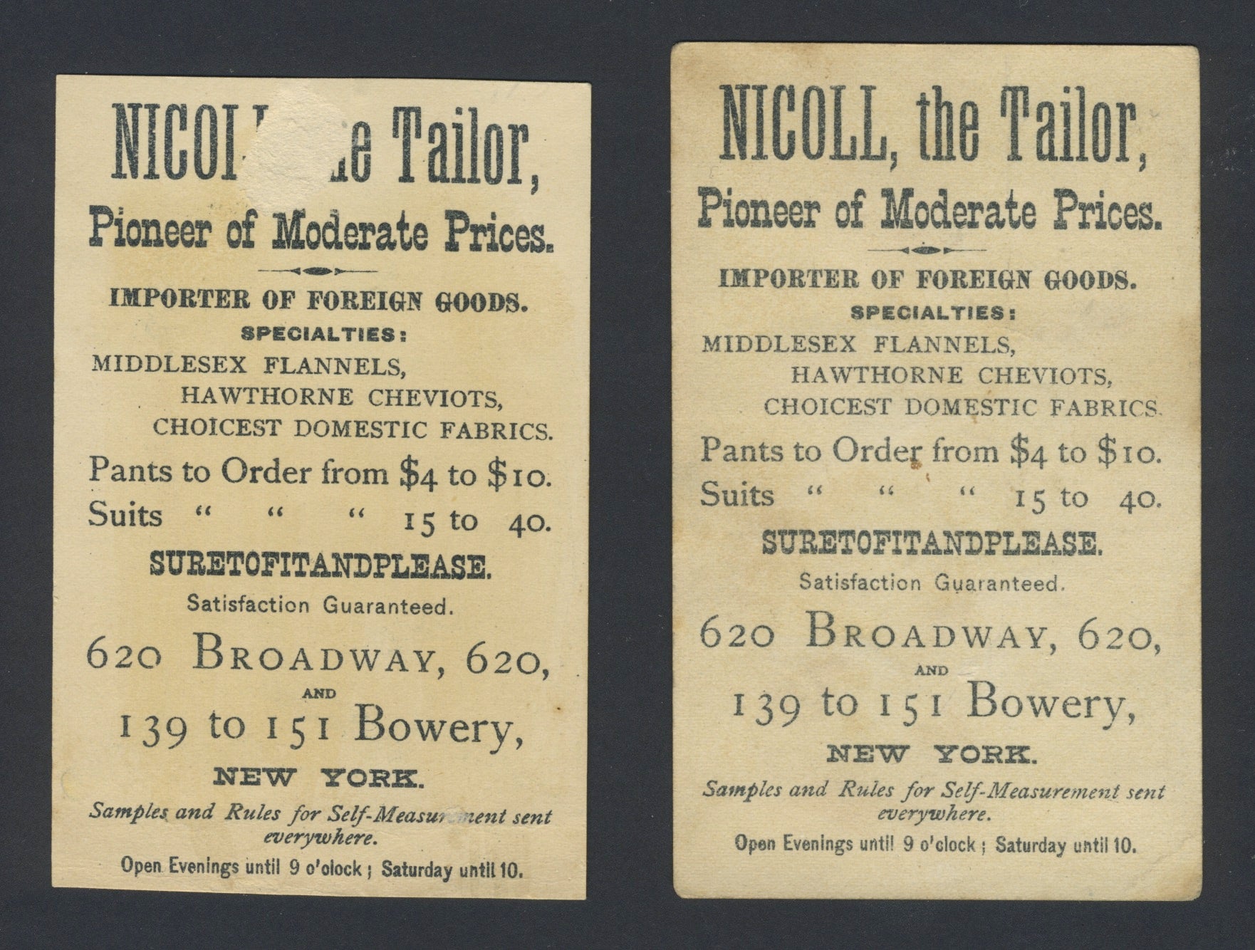 Victorian Era Tailors' Trade Cards, ca. 1890s Lithograph on paper, various sizes & formats (4)
