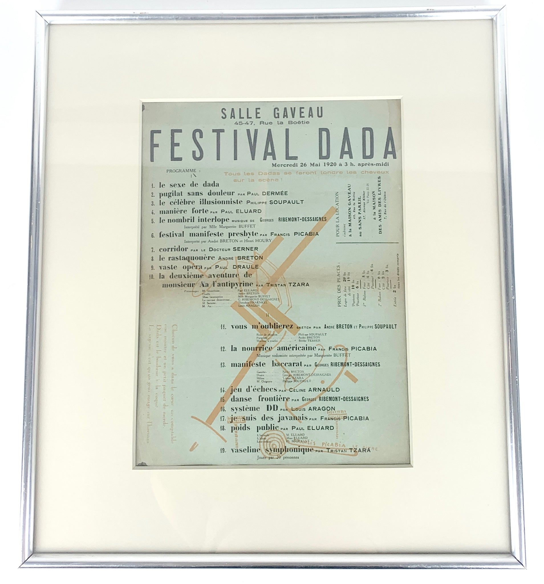 Tzara, Tristan. (1896 - 1963) & Picabia, Francis. (1879 - 1953): Festival dada. Mercredi 26 mai 1920 à 3 h, après-midi. Programme.