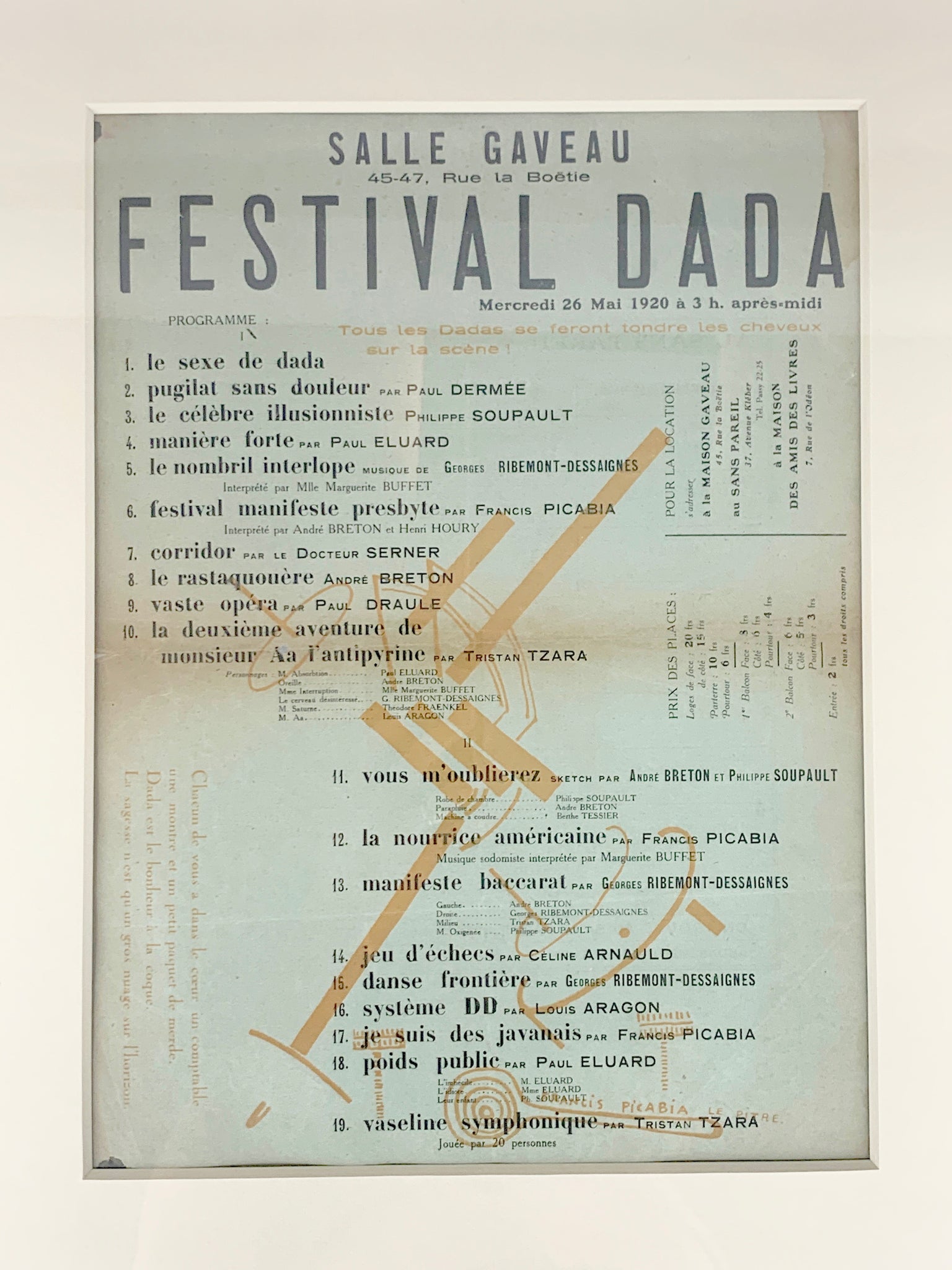 Tzara, Tristan. (1896 - 1963) & Picabia, Francis. (1879 - 1953): Festival dada. Mercredi 26 mai 1920 à 3 h, après-midi. Programme.