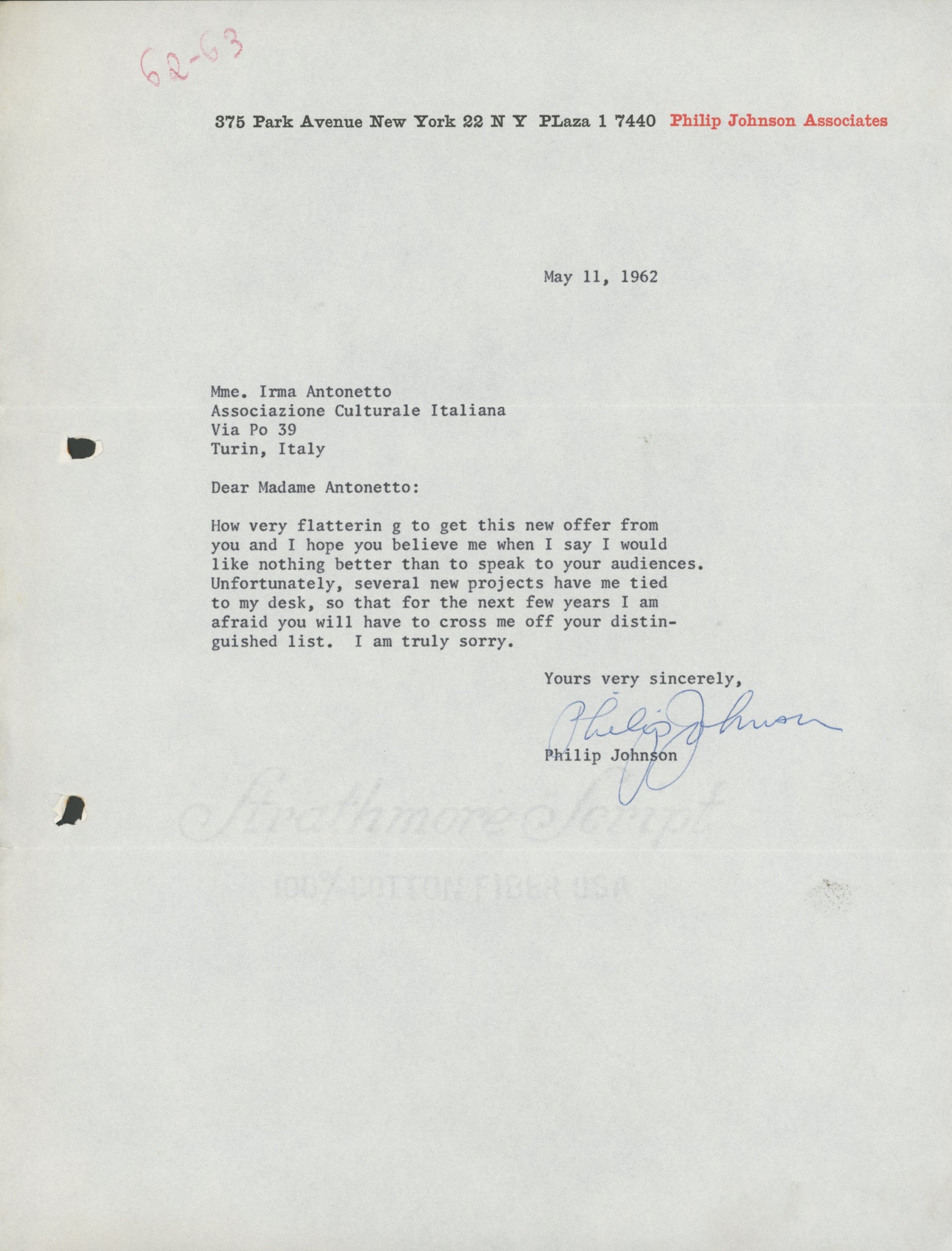 Philip Johnson “Several new projects have tied me to my desk”- Typed Signed Letter, 1962