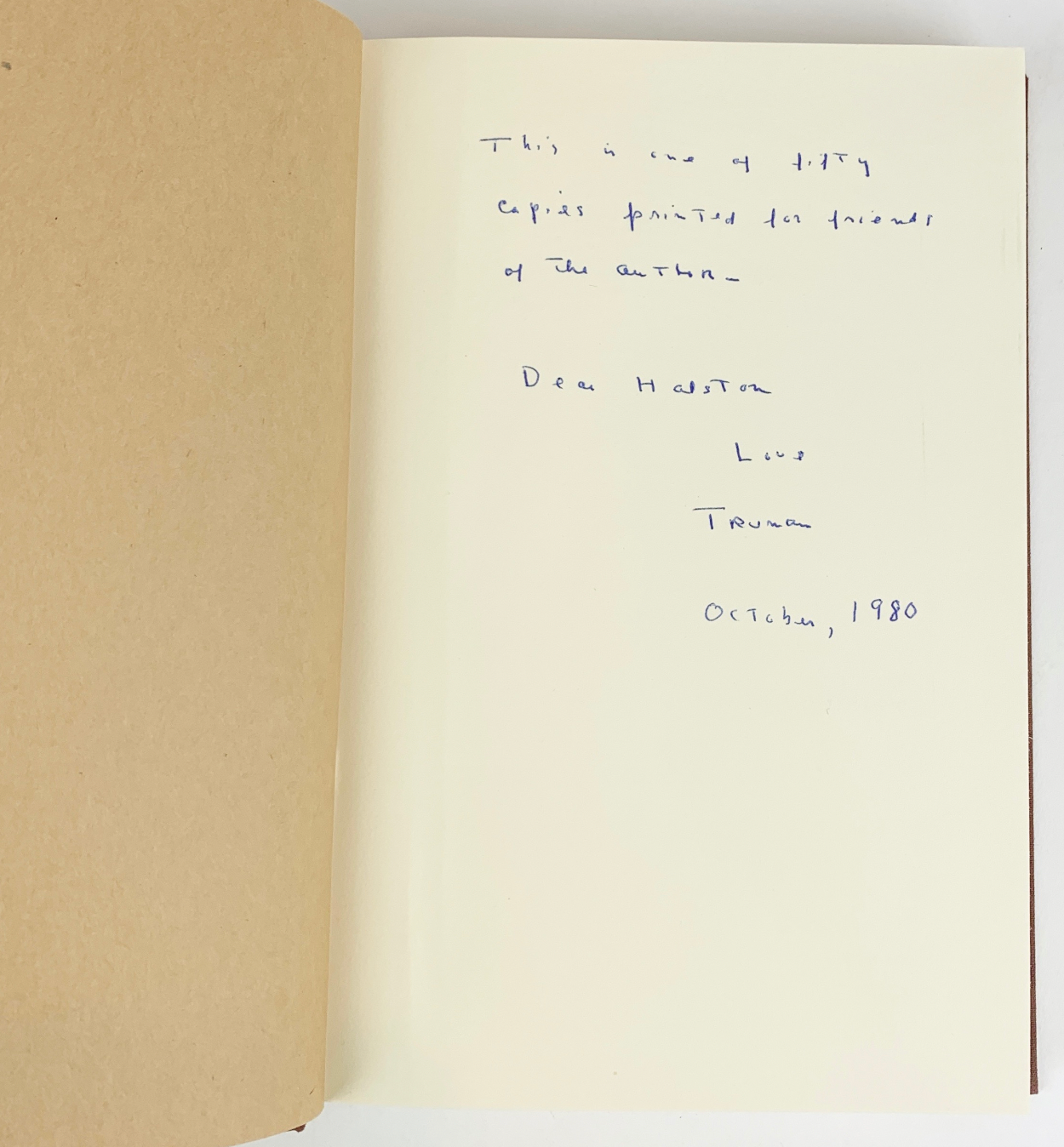 Capote, Truman. (1924-1984) [Halston, Roy. (1932-1990)]: "Music for Chameleons" – Signed and Inscribed to Halston