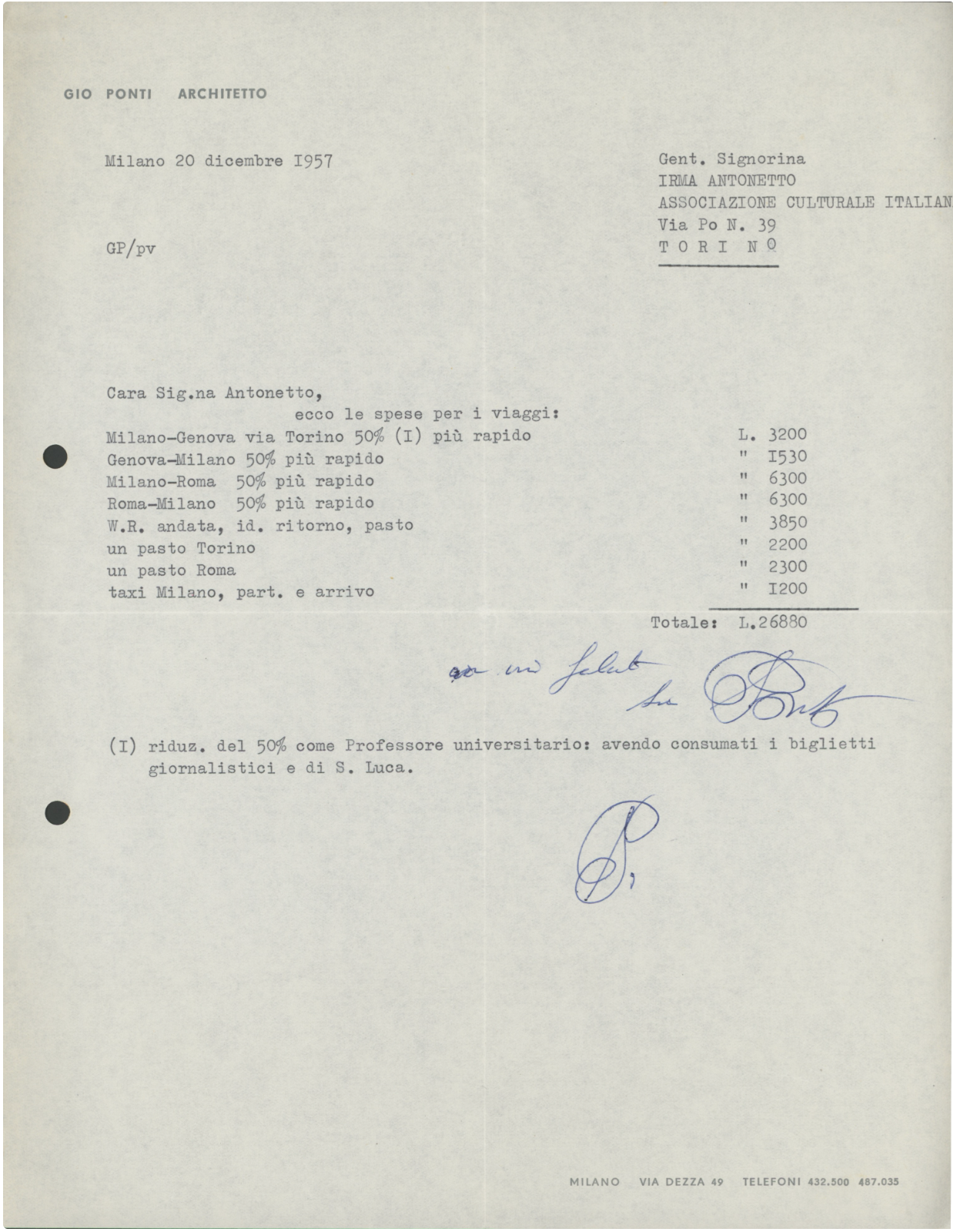 Gio Ponti Typed Letter Signed, 1957